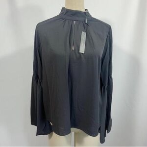 T Tahari Blouse Womens Size S Black Mock Neck Keyhole Large Bell Sleeve Chic